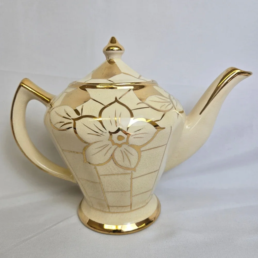 Price Bros Teapot Cream Gold Floral Design England 676 Vintage READ