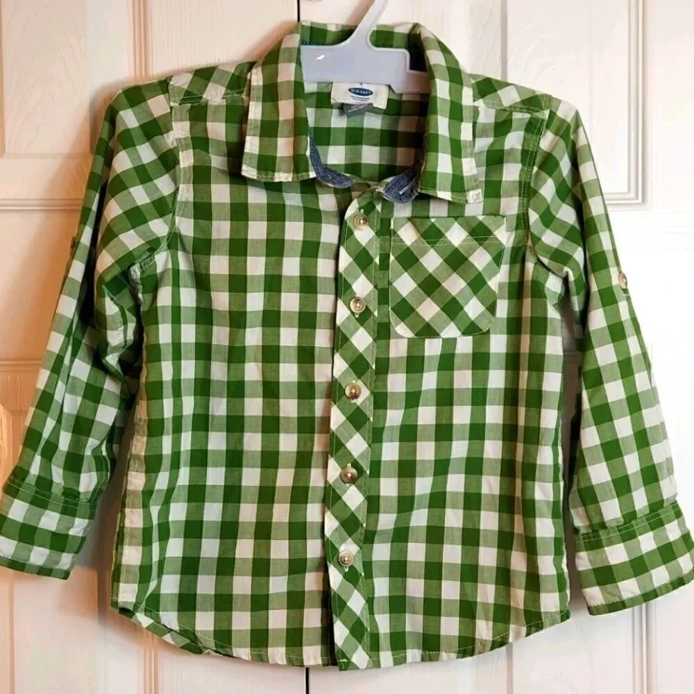 Old Navy Green Gingham Plaid Button Shirt Sz 4T