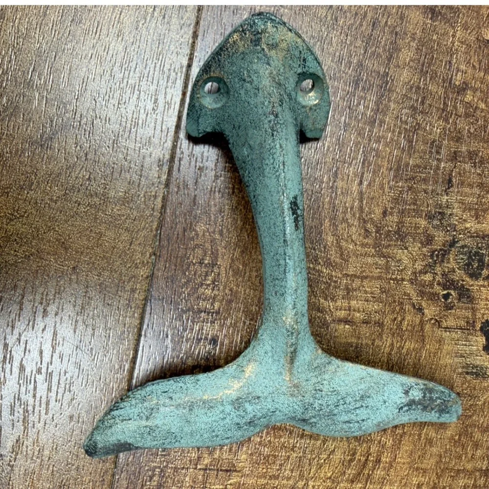 Set of 5 Cast Iron Whale Tail Wall Hooks Verdigris Coastal Green Nautical