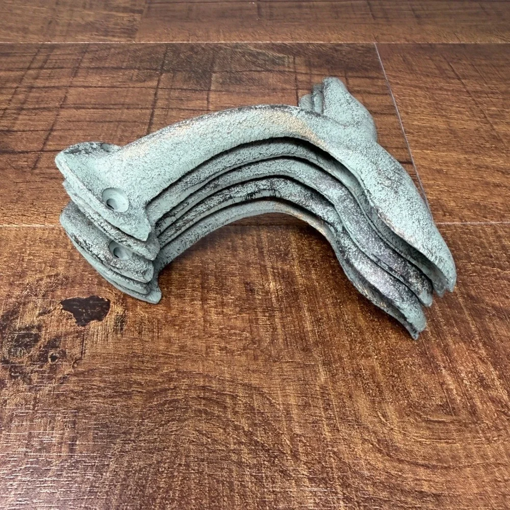 Set of 5 Cast Iron Whale Tail Wall Hooks Verdigris Coastal Green Nautical