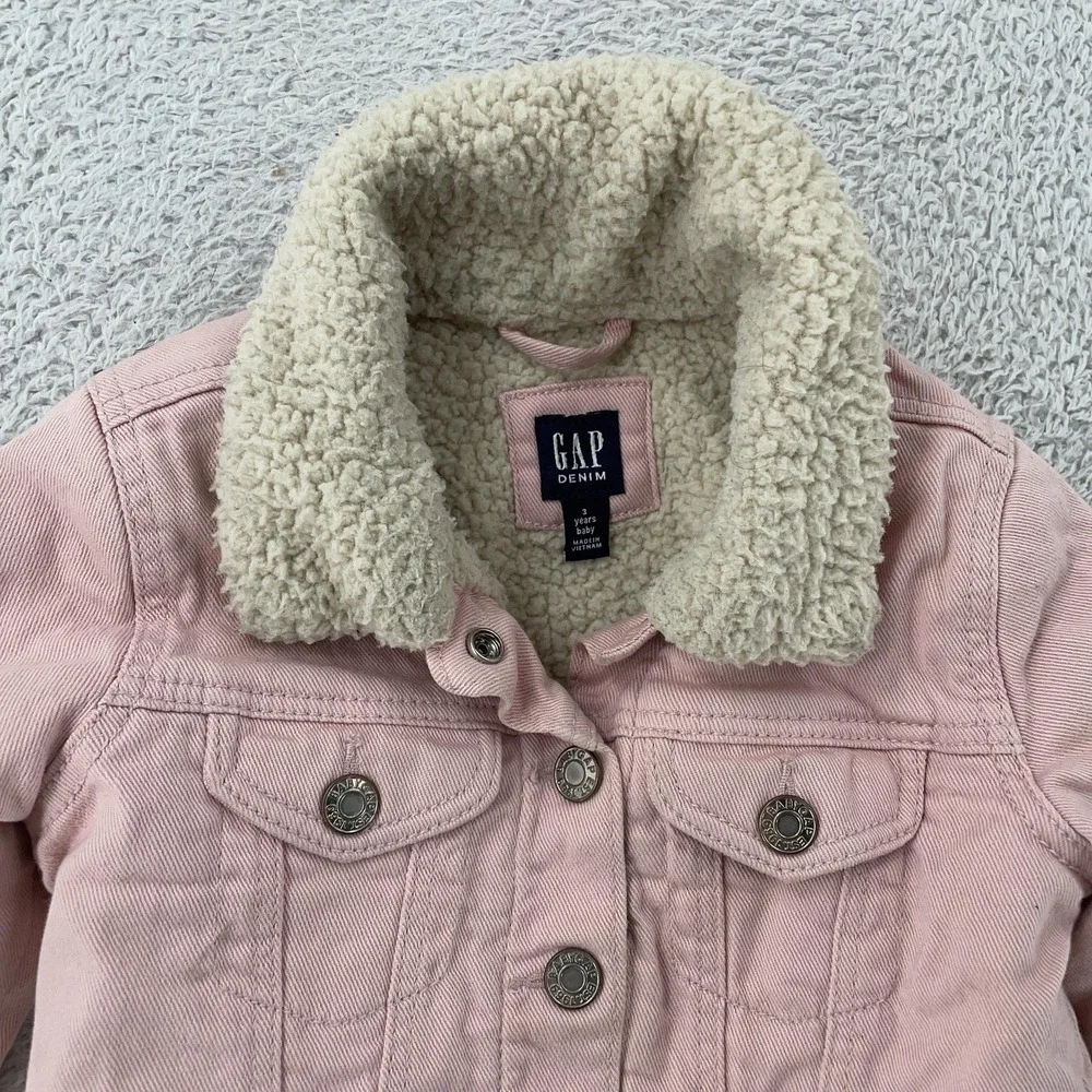 GAP Denim‎ Jacket Baby Girls 3 Years Pink Sherpa Lined Collar Trucker Coat
