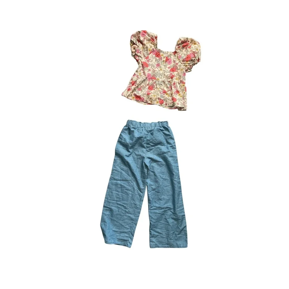 btween 2-Piece Outfit Girls 12 Floral Peplum Top Wide Leg Chambray Pants Blue