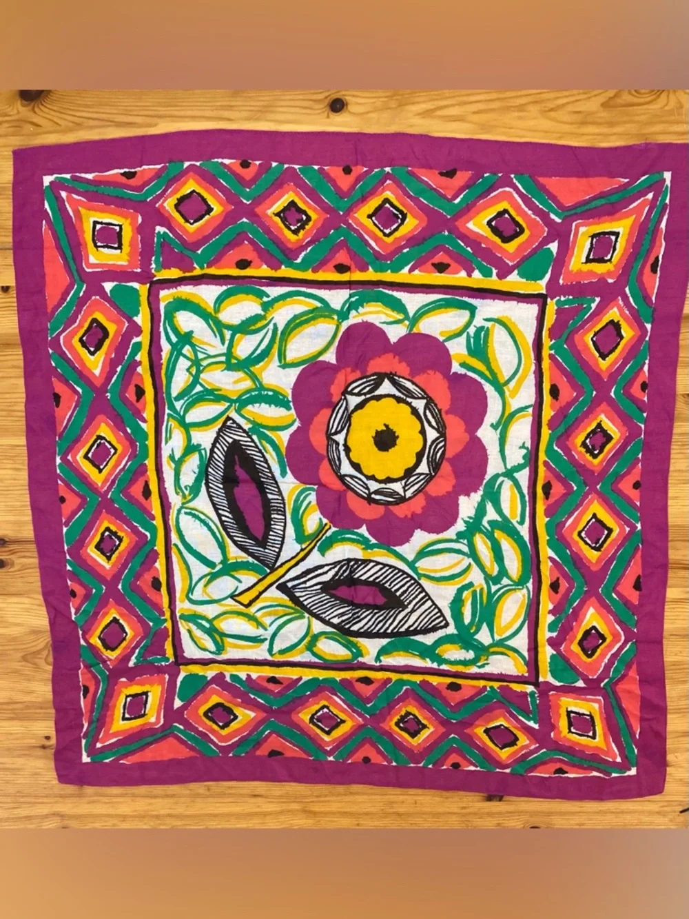 Whimsical Eclectic Floral Print Square Scarf - Fuchsia, Yellow, Green