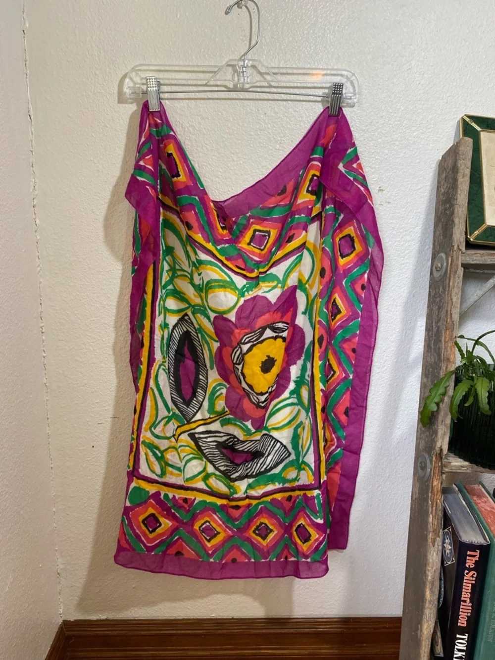 Whimsical Eclectic Floral Print Square Scarf - Fuchsia, Yellow, Green