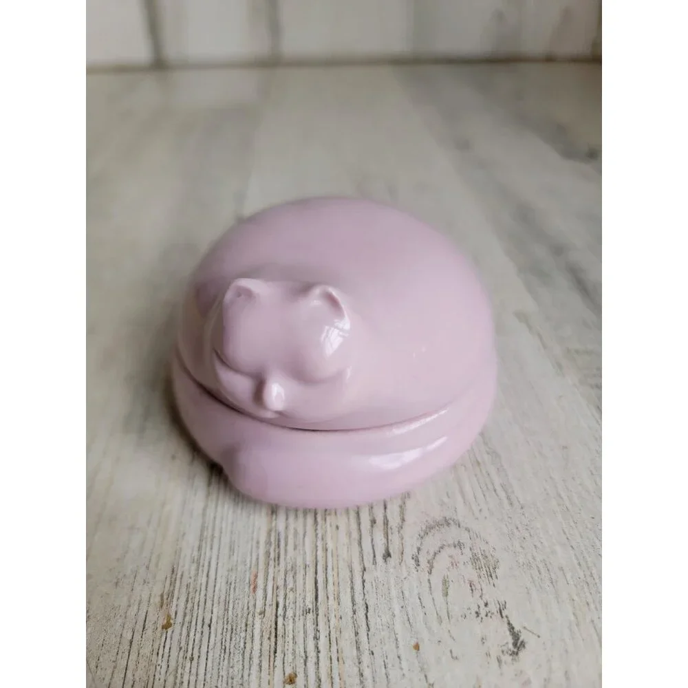 R.O.C. Pink curled up‎ cat trinkets ceramic box Unique Home Decor