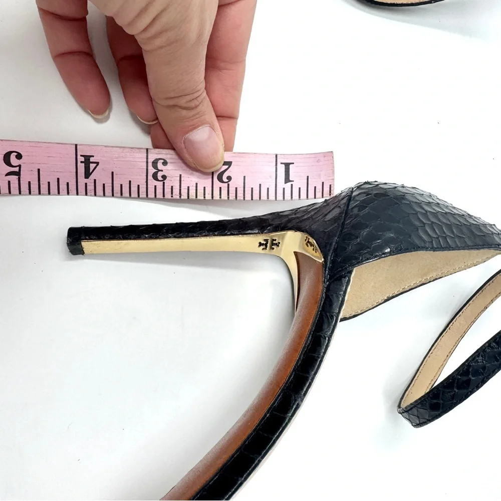 Tory Burch Keri Black Snakeskin Ankle Strap Stiletto Heels Sandals