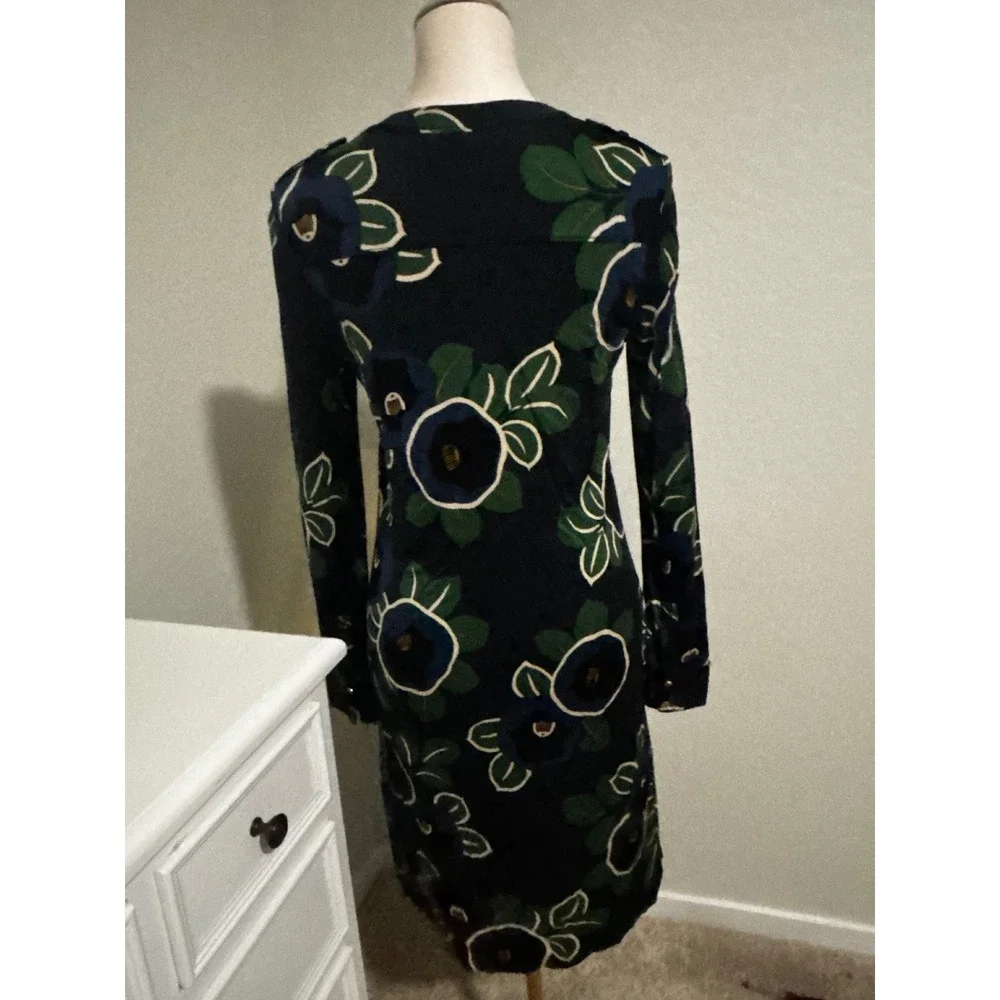 Tory Burch Navy Blue Floral Long Sleeve Shift Dress with Pockets Size Small