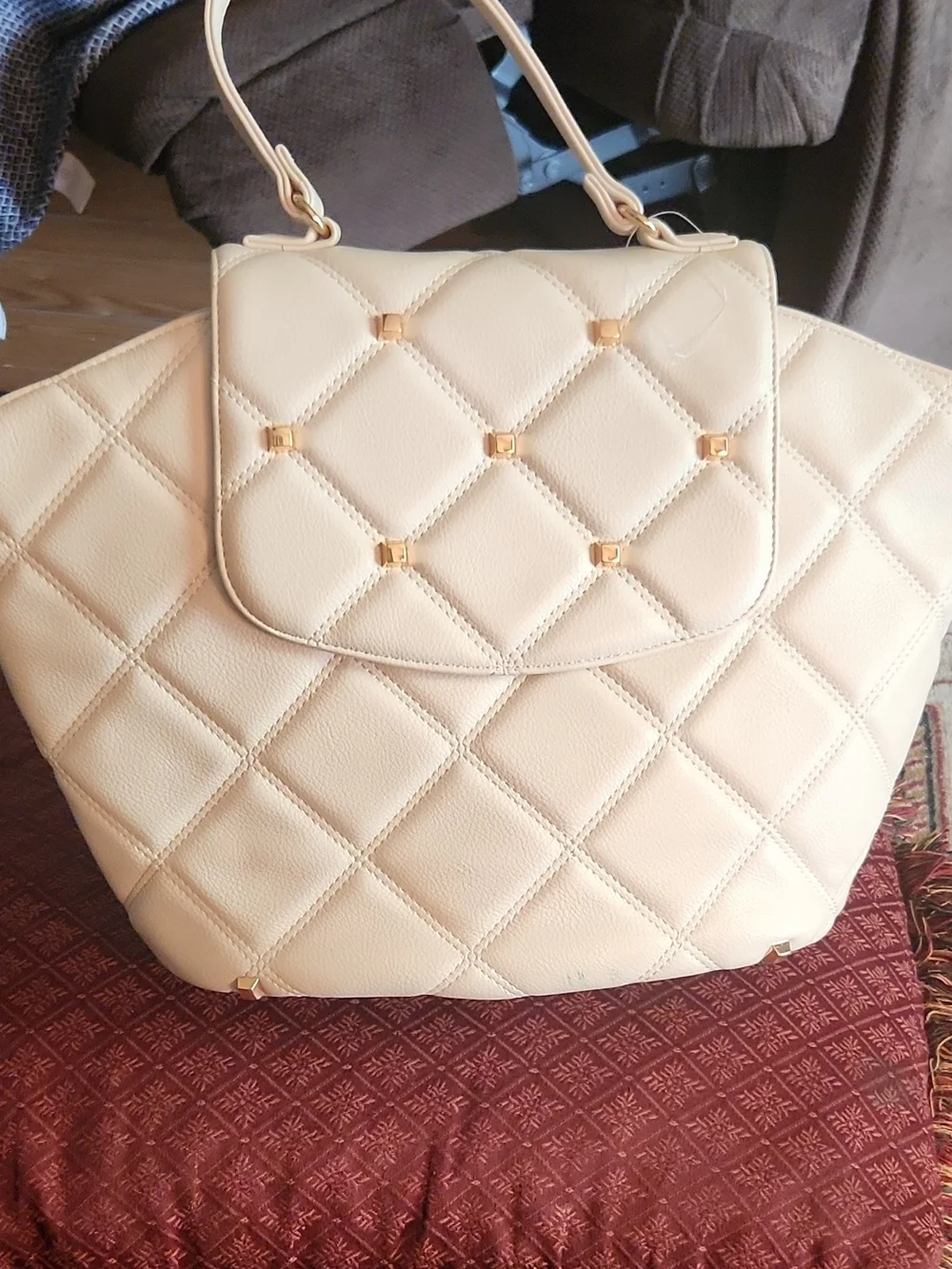 Cato Quilted Cream Satchel with Gold Studs
