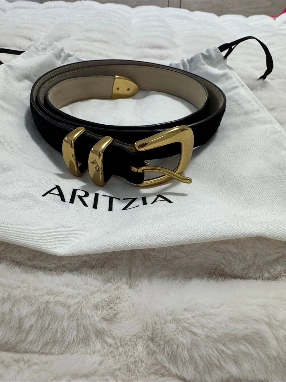 Aritzia Black Leather Belt with Gold-Tone Buckle Accents