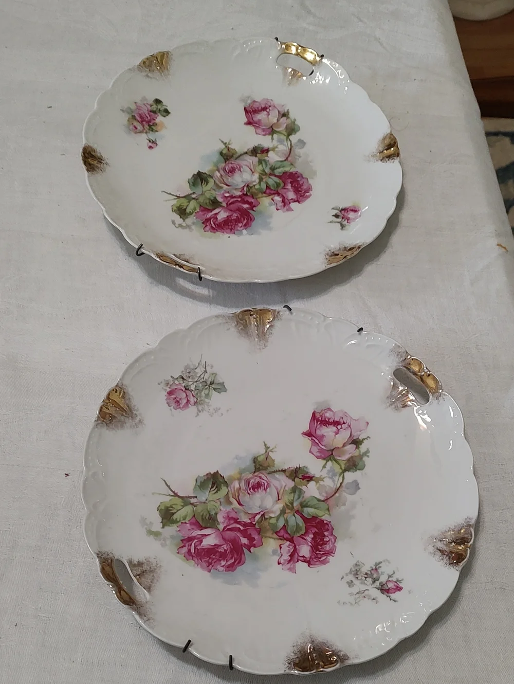 Beautiful White Porcelain Serving Plates with Pink Rose and Gold Trim And hanger