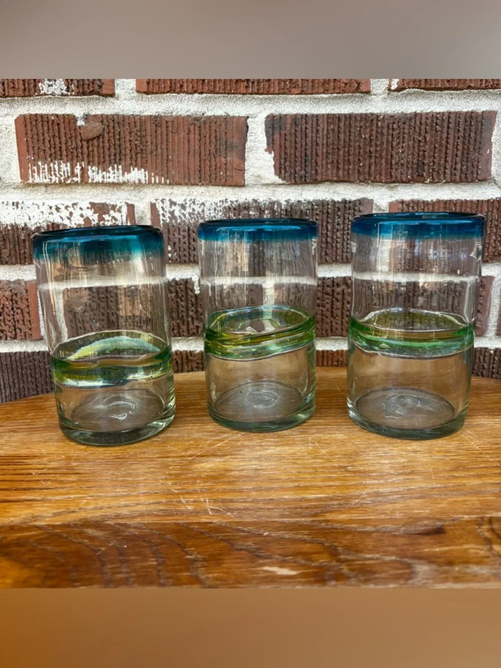 Mexican Hand Blown Green Blue Glass Tumblers thick Glasses Stripes Set of 3
