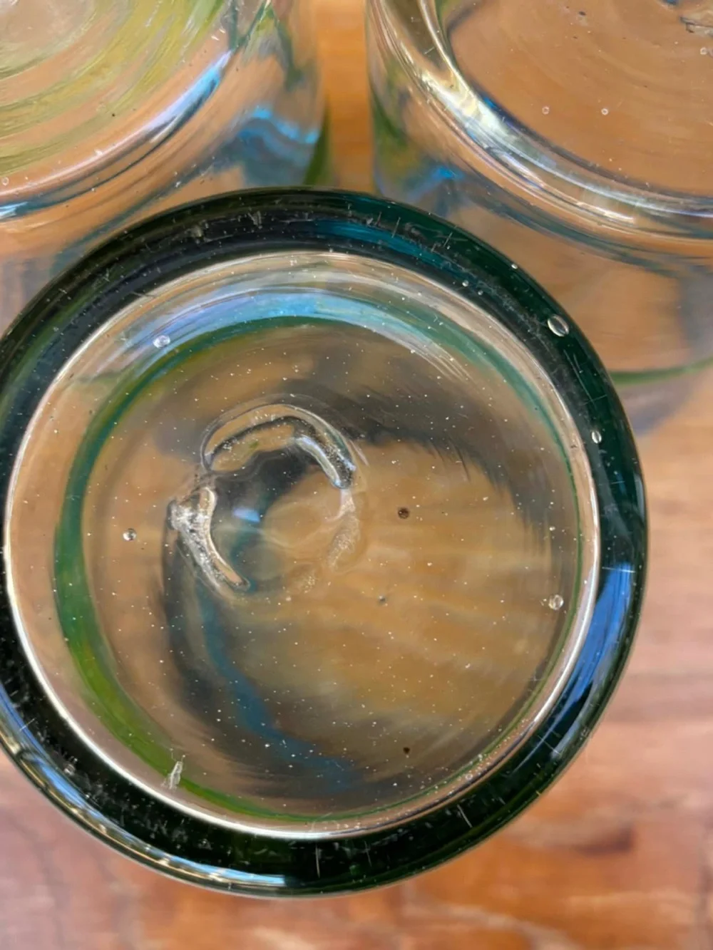 Mexican Hand Blown Green Blue Glass Tumblers thick Glasses Stripes Set of 3
