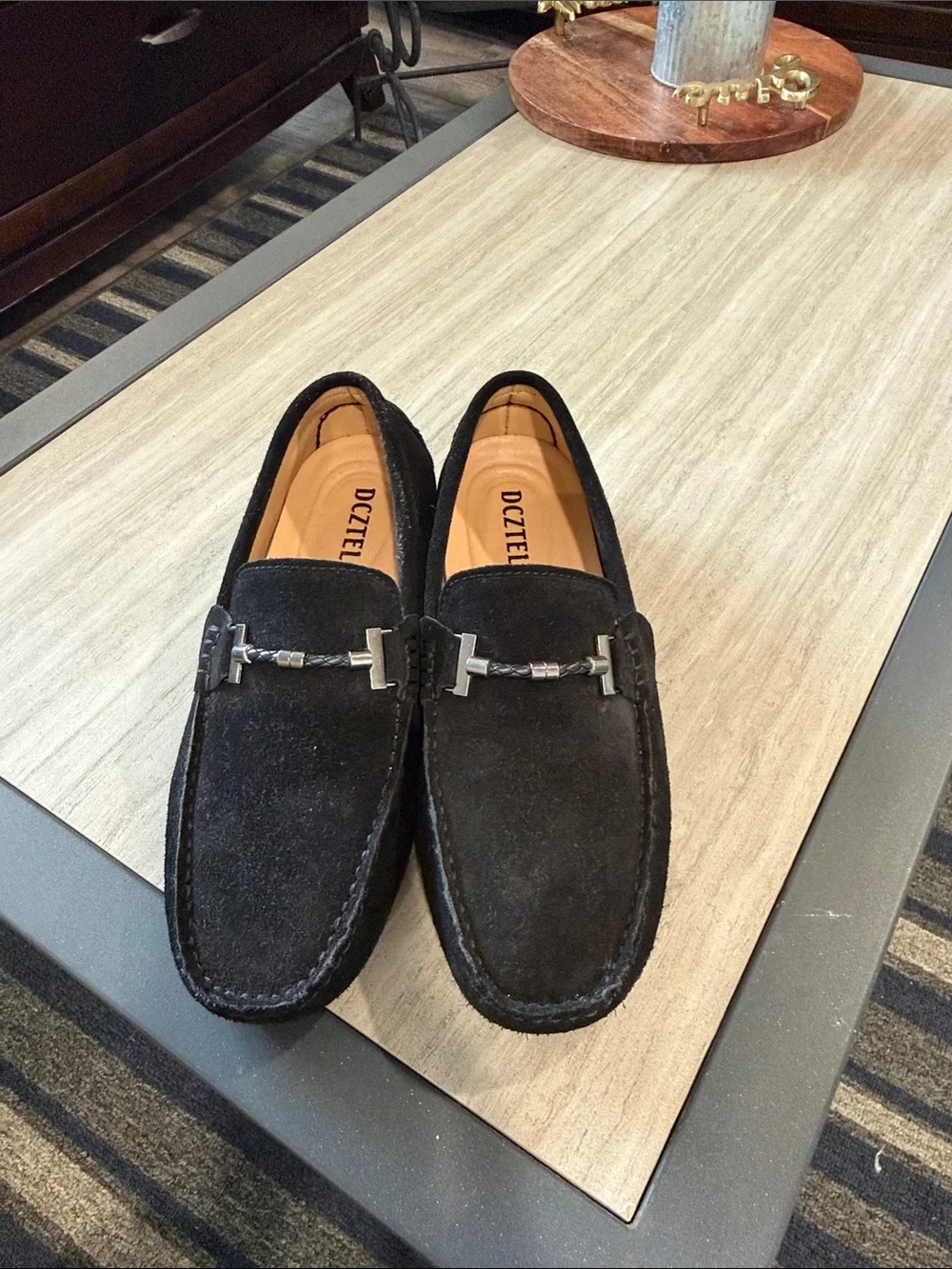 DC Men’s Black Suede Slip-On Loafers with Silver Bit