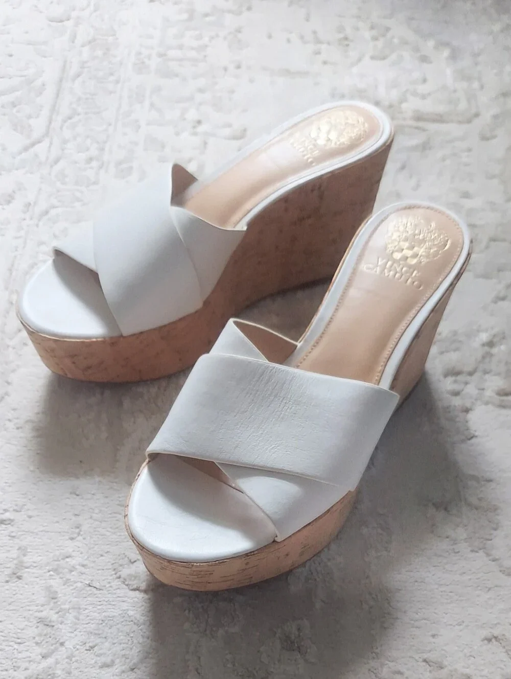 Vince Camuto White Cork Wedge Platform Slide Sandals
