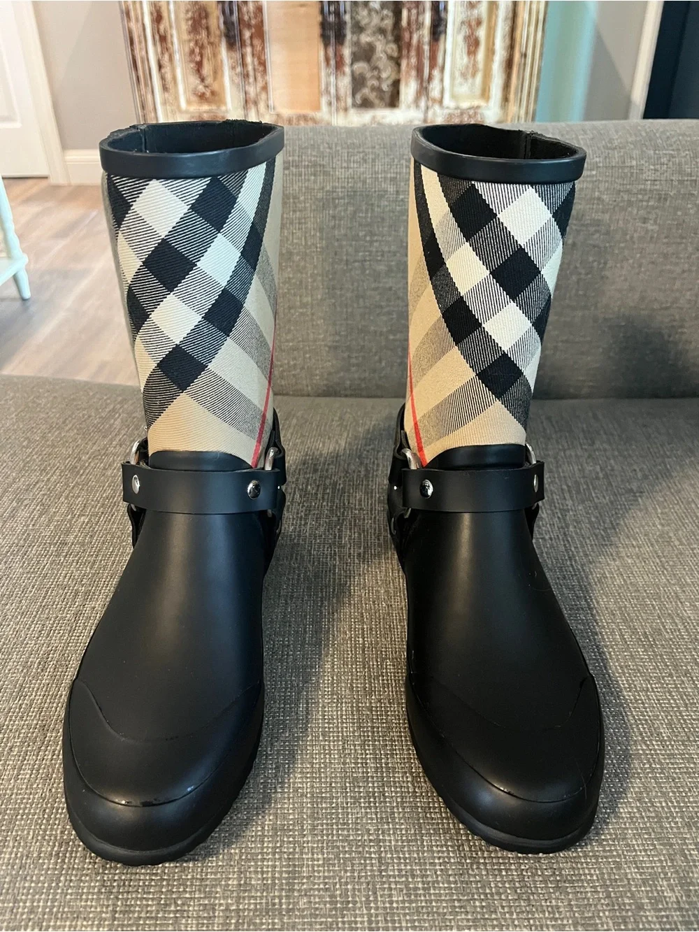 Burberry Plaid Rubber Rain Boots, Size 37