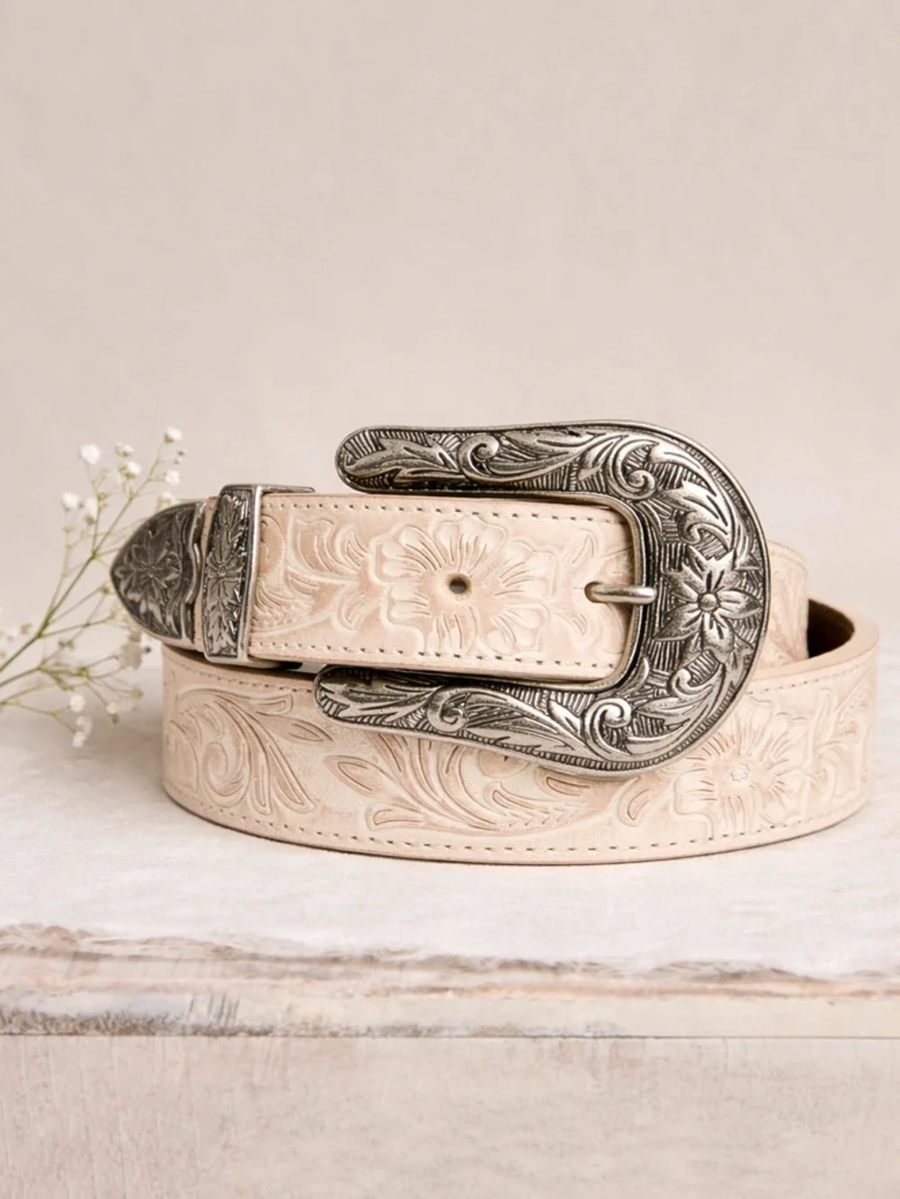 Shyanne Western Floral Embossed Belt M Cream Leather Silver Buckle