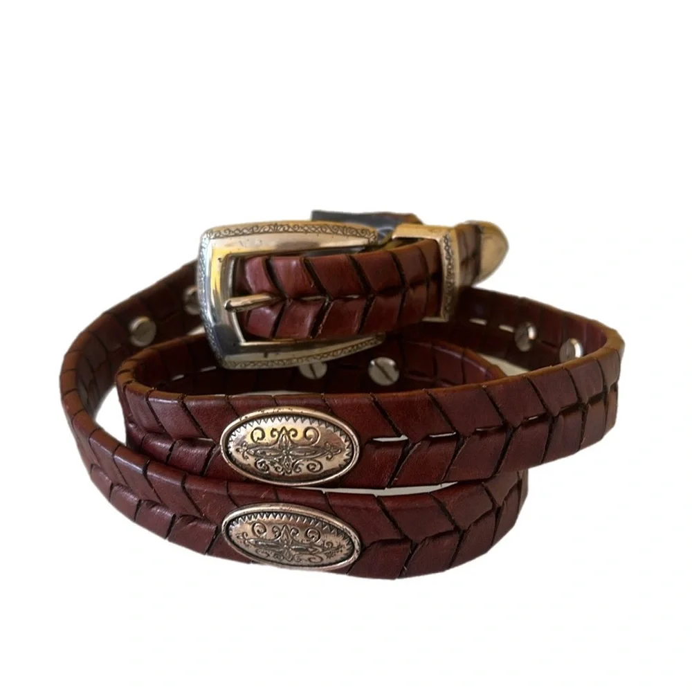 Brighton Brown Braided Leather Belt with Metal Medallions Size L