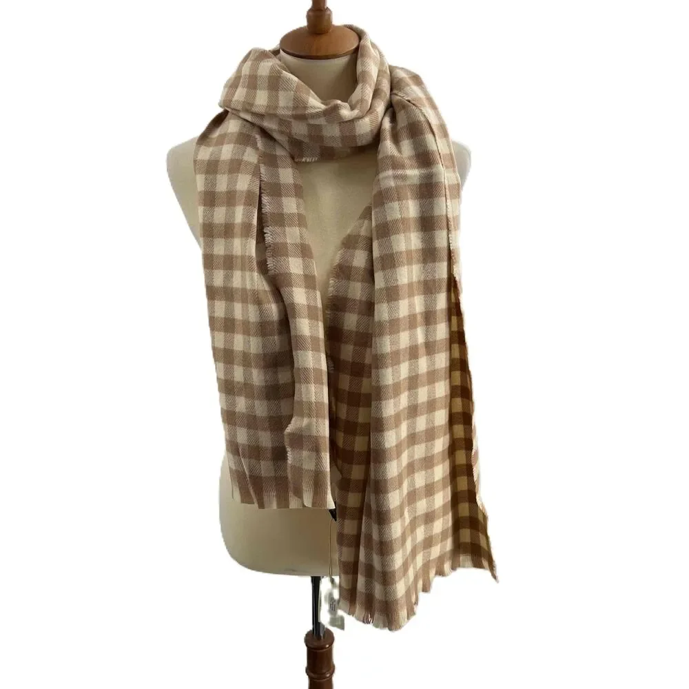 Hat Attack Blanket Scarf Oversized Beige Tan Checkered Fringed Scarf New‎