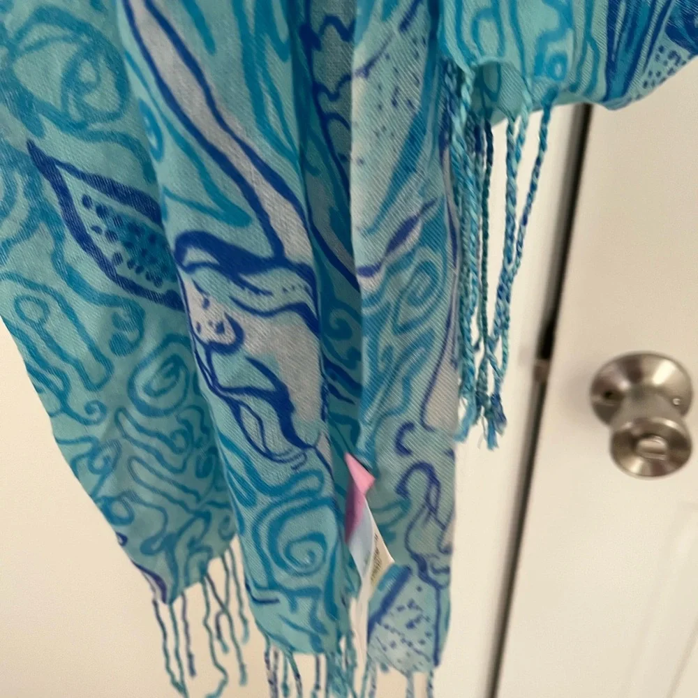 Lilly Pulitzer Blue Teal Swirl Silk-Cashmere Scarf