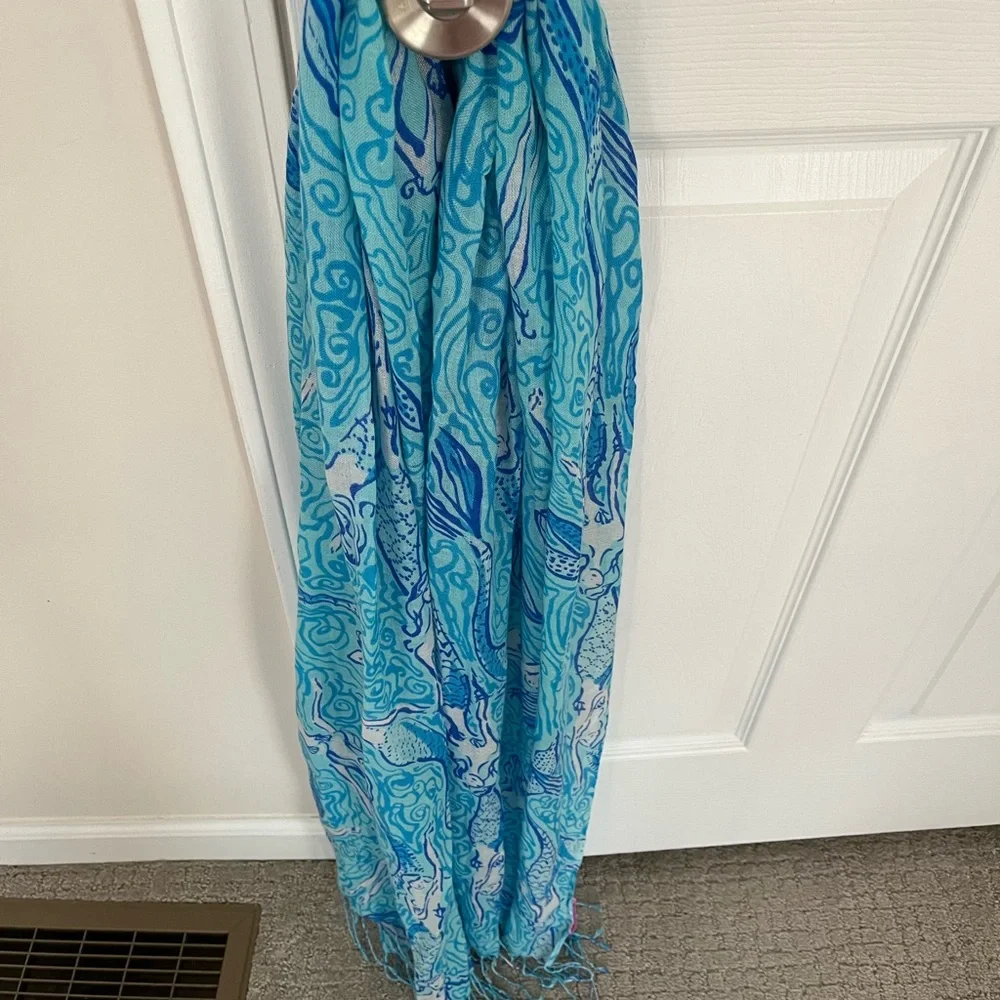 Lilly Pulitzer Blue Teal Swirl Silk-Cashmere Scarf
