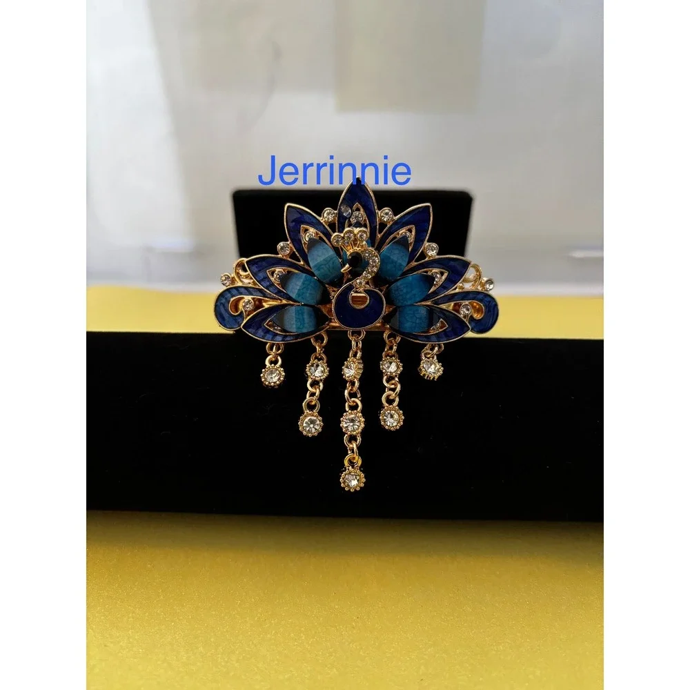 Jerrinnie Blue Peacock Enamel Rhinestone Hair Barrette Gold Tone Dangle Clip