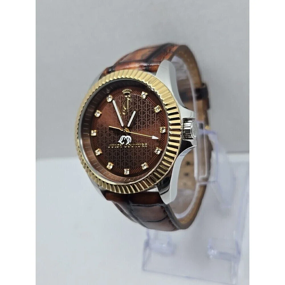 Juicy Couture Brown Dial Fluted Bezel Leather Strap Quartz Watch New Battery