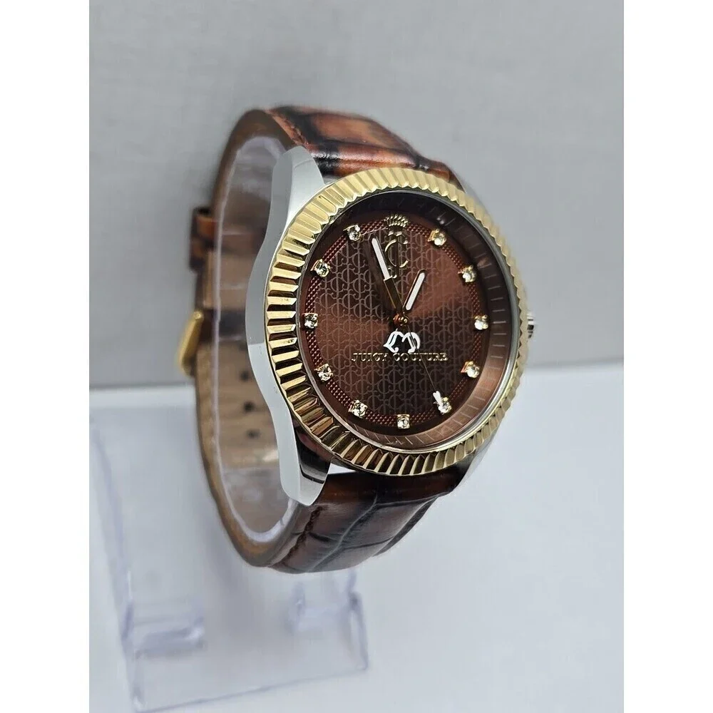Juicy Couture Brown Dial Fluted Bezel Leather Strap Quartz Watch New Battery