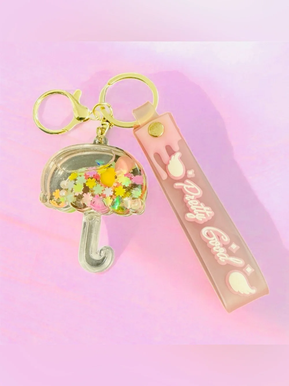 Pink 'Pretty Good' Resin Keychain with Clear Umbrella Charm LIKE NEW