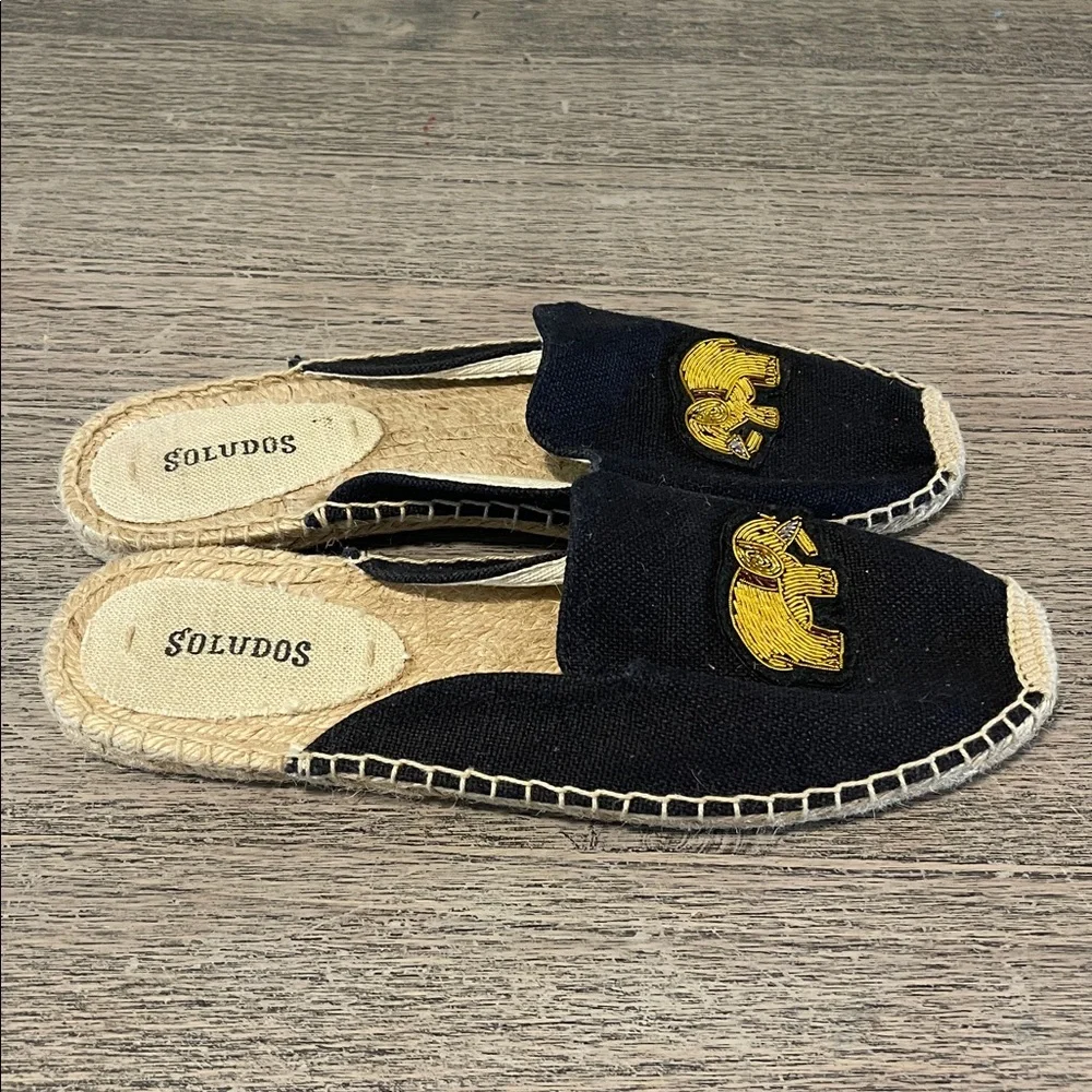 Soludos Black Flat Golden Elephant Espadrille Jute‎ Slip On Shoes | Size 7