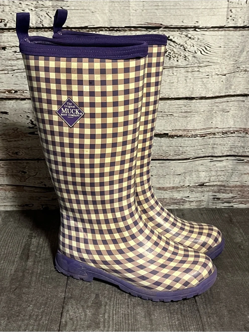 The Original Muck Boot Company Purple & Cream Gingham Rain Boots size 8