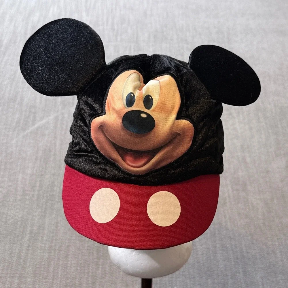 Disney Mickey Mouse Character Hat‎ Black Velvet Plush Ears Red Brim Kids Youth