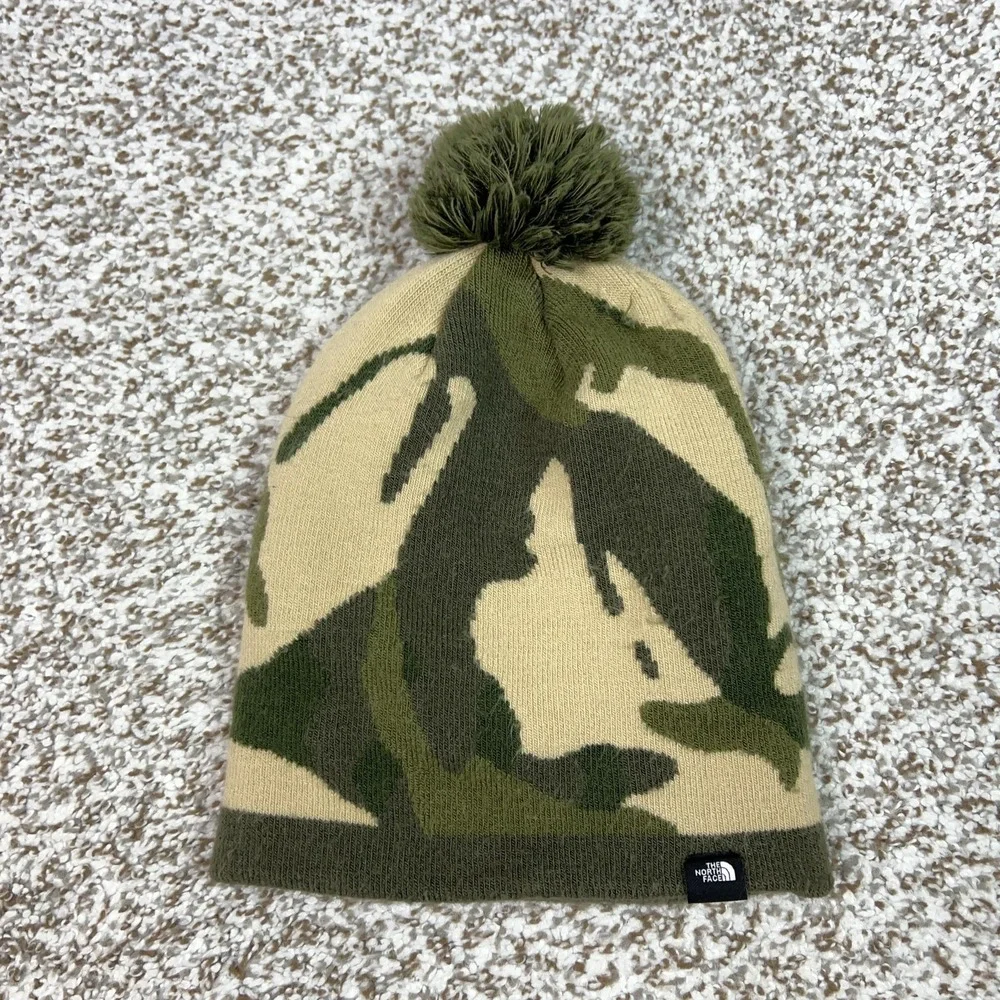 The North Face Hat Beanie Mens One Size Green Camo Pom Knit Winter Outdoor Army