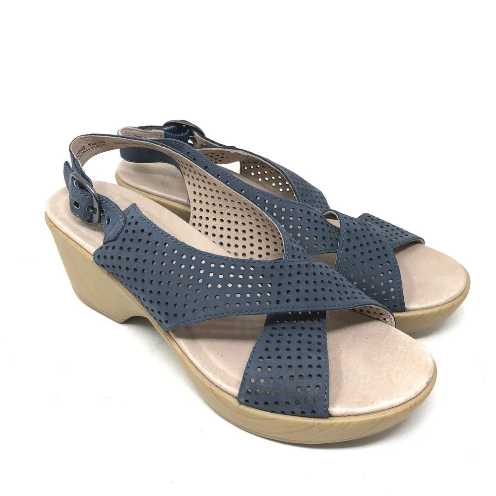 Dansko Womens 40 Jacinda Sandals Blue Perforated Leather Wedge Slingback