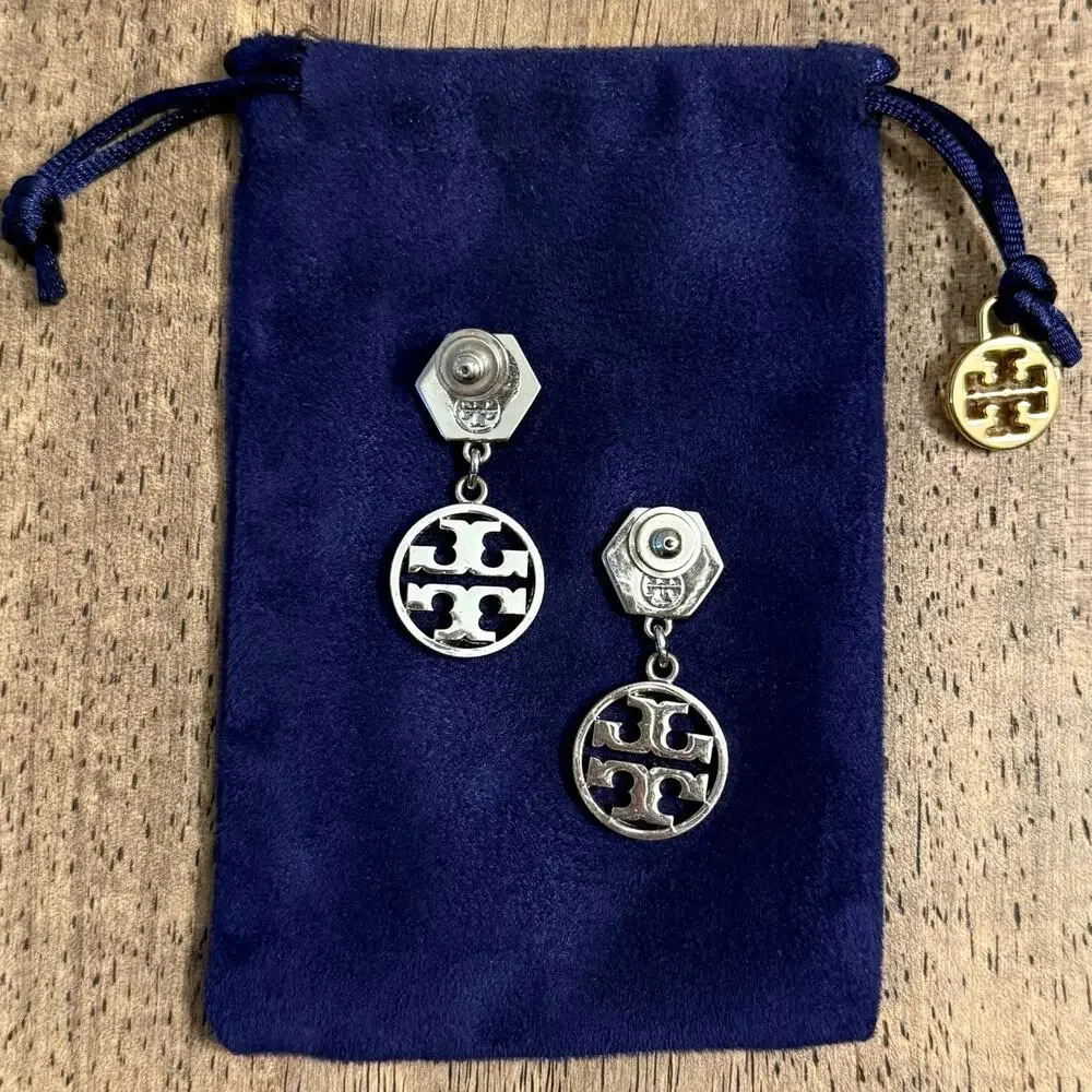 Tory Burch Hexagonal Logo Circle Drop Earrings Silver Tone Jewelry 1.5