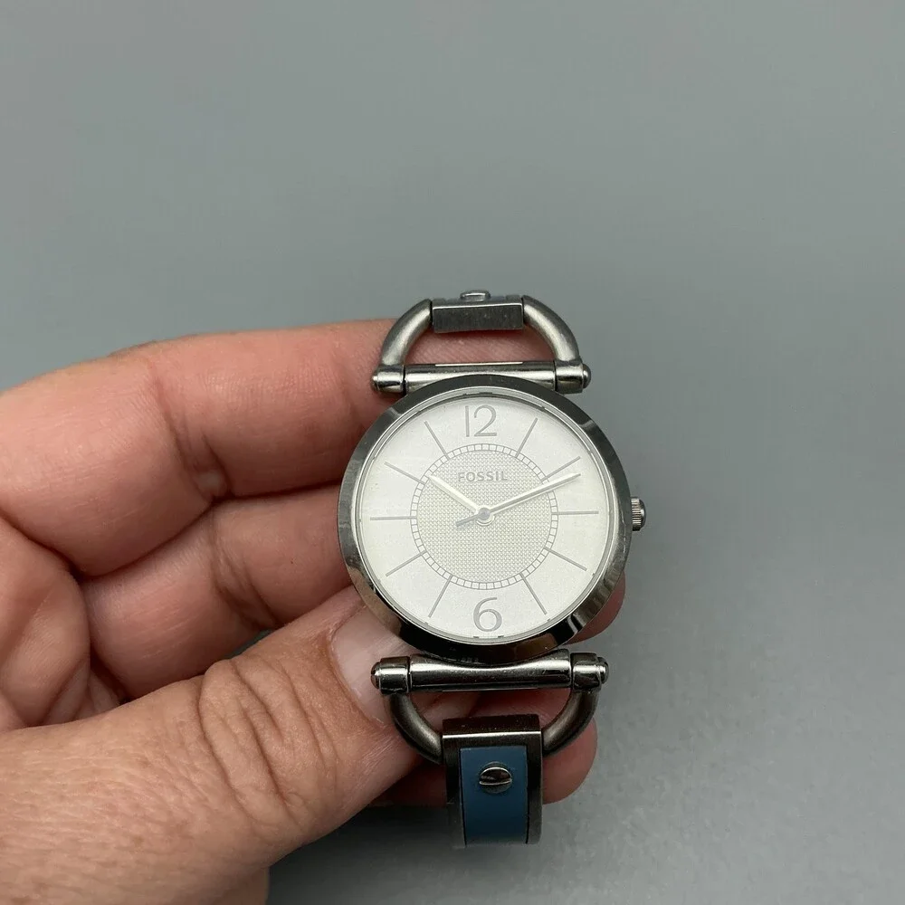 Fossil ES-2471 Womens Watch 30mm Silver Tone Blue Inlay Bangle New Battery 6.5