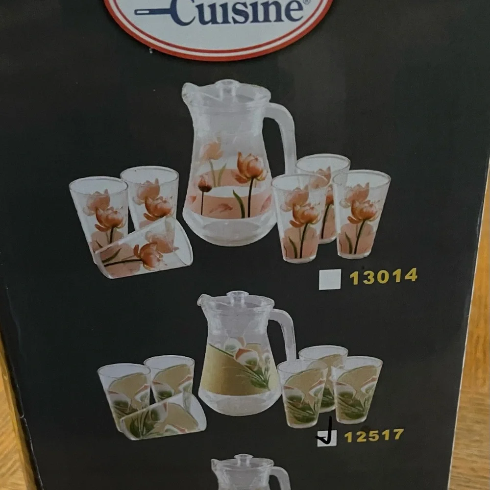 NWT Alpine Cuisine 7 pieces floral glass drinkware set: pitcher & 6 glasses
