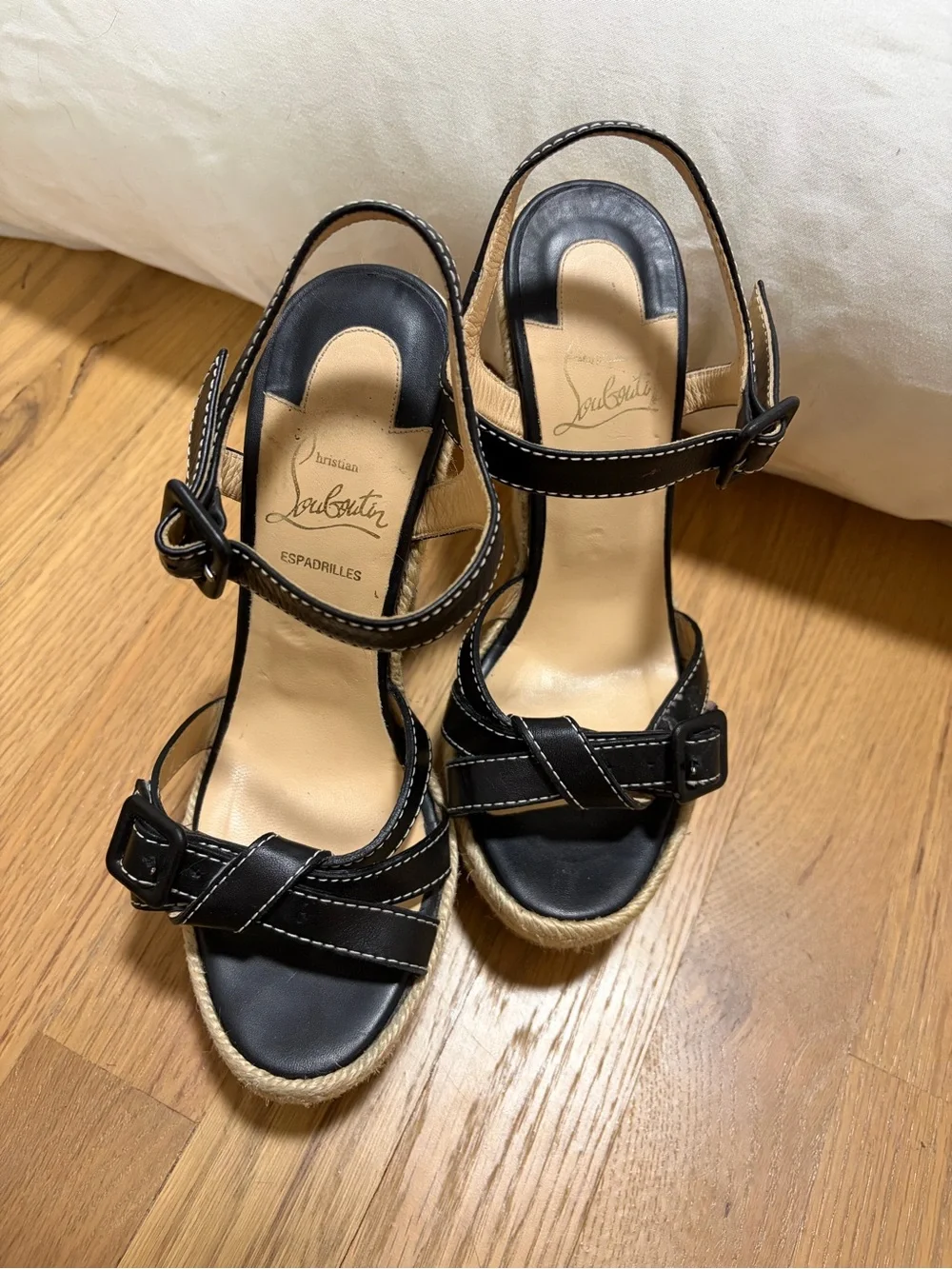 Christian Louboutin Black Espadrille Wedge Sandals with Red Soles