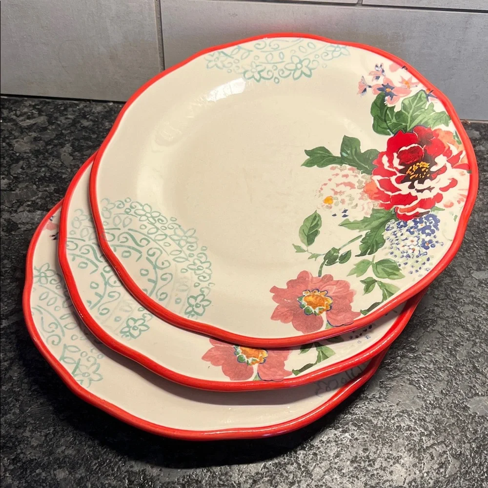 Set of 3 Pioneer Woman Floral Red-Trim Ceramic Dinner Plates - good condition