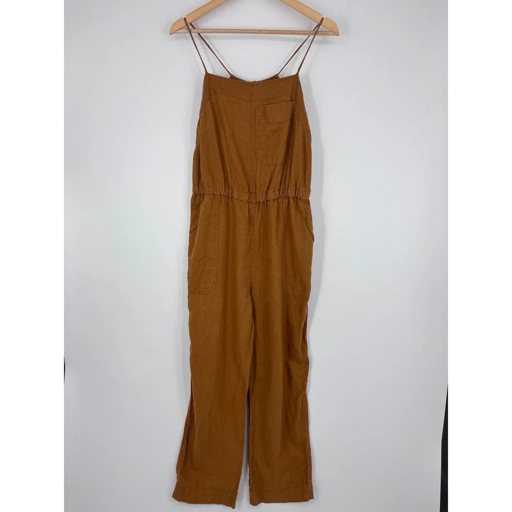 Everlane The Shoestring 100% Linen Apron Jumpsuit Womens S Brown Elastic Waist