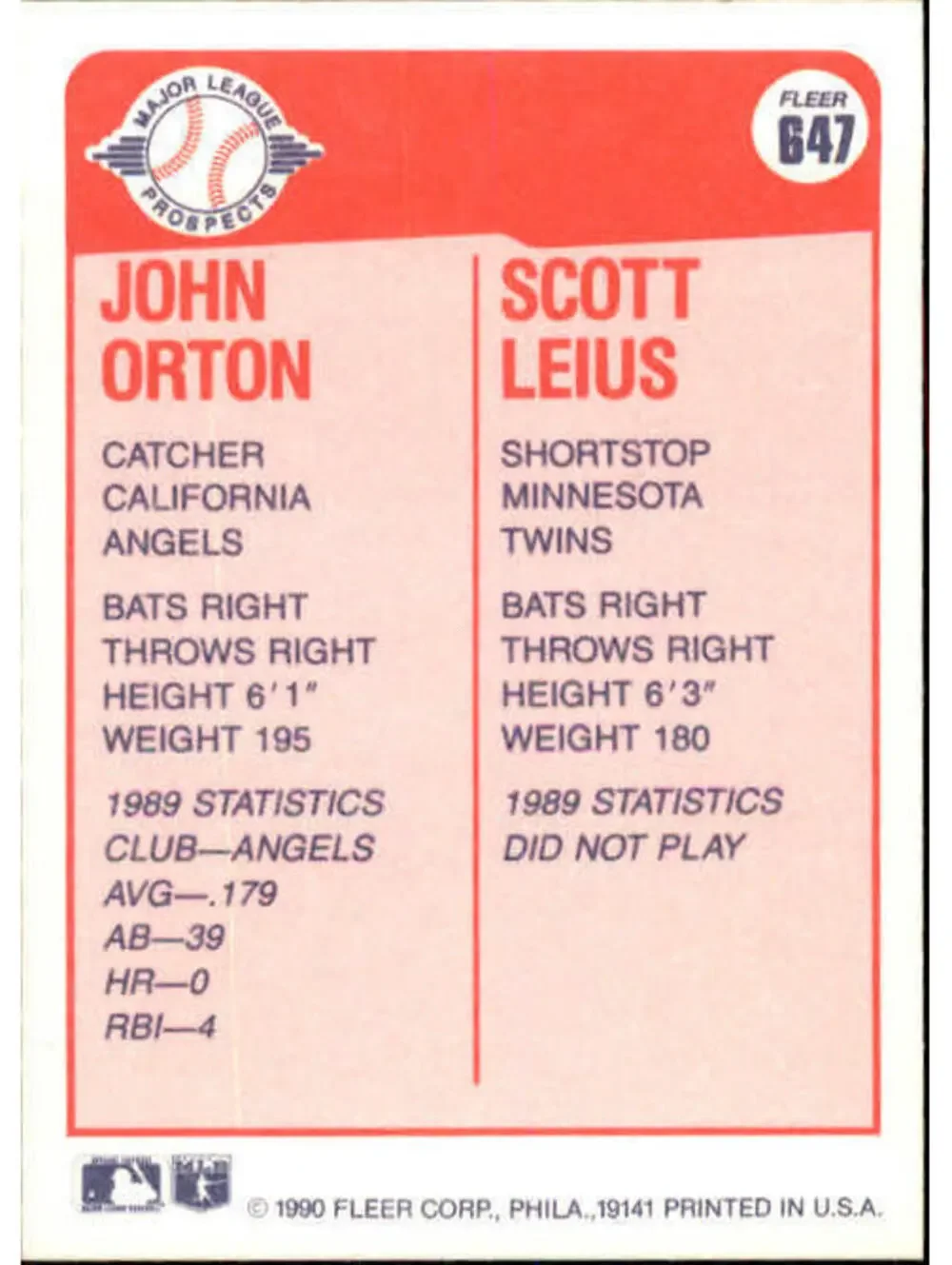 1990 John Orton / Scott Leius Fleer Baseball Card #647