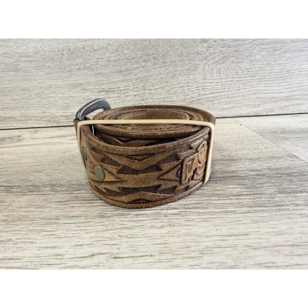 Vintage Aztec Hand Tooled Genuine Leather Belt Mens‎ Size 38 Brown Native