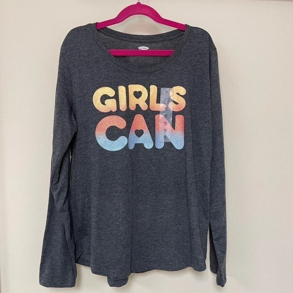 ⚡️3/$20⚡️Old Navy: NWT Girl’s Long Sleeve 'Girls Can' Tee, Size XL (14)