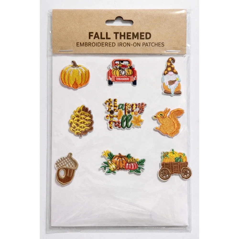 9pc Fall Themed Embroidered Iron-On Patches Pumpkin Gnome Squirrel Autumn DIY‎