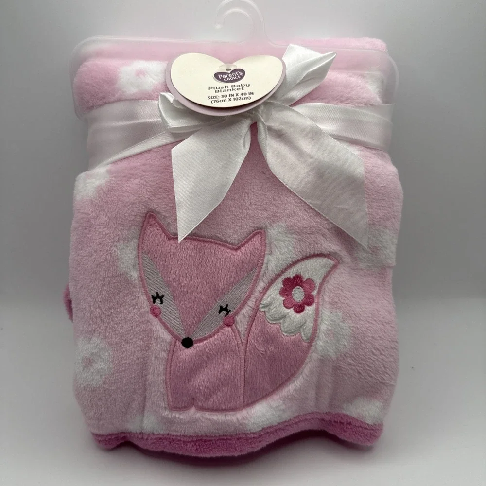 Parents Choice Pink Fox White Flower Plush Baby Blanket Walmart NWT