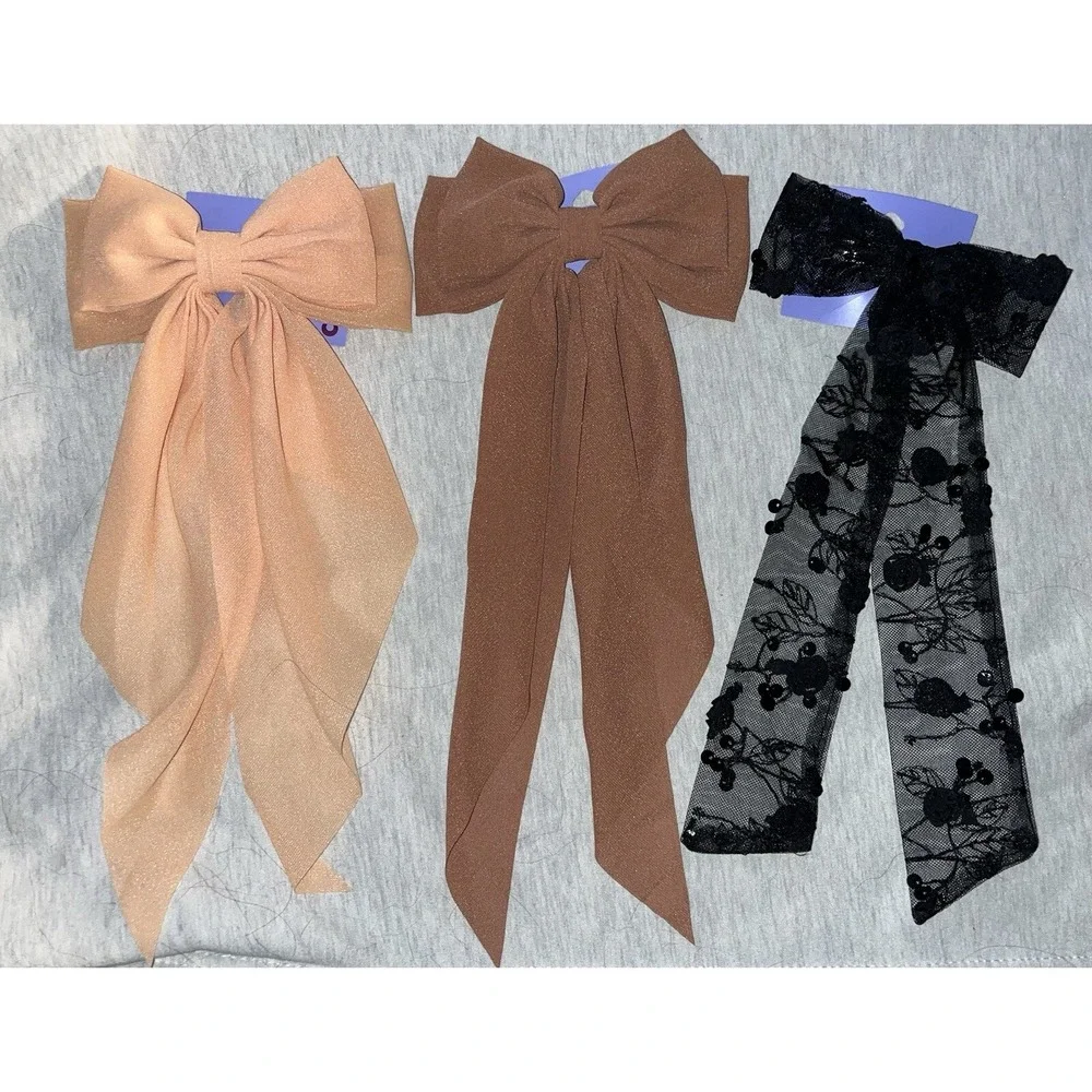 Set of 3 Long Tail‎ Hair Bow Clips, Peach, Caramel and black roses, Claire's