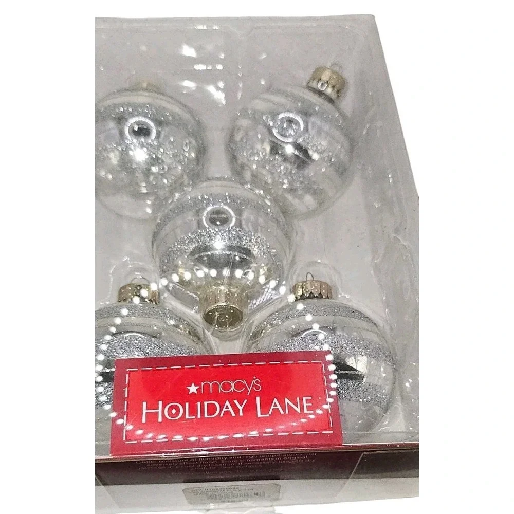 Macy's Holiday Lane Christmas Ornaments 5 Clear Balls With Silver Glitter Stripe