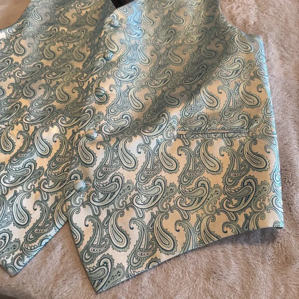 Blue Satin Mens Vest Waistcoat sz M Paisley Wedding Party Prom Formal