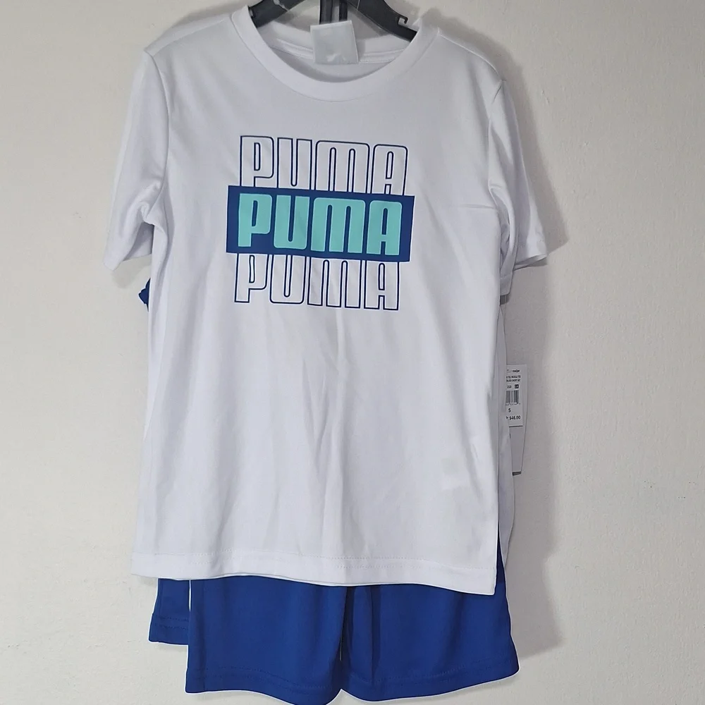 Puma Kids Tee Tank Shorts Set White and Blue Logo 3 Piece Set