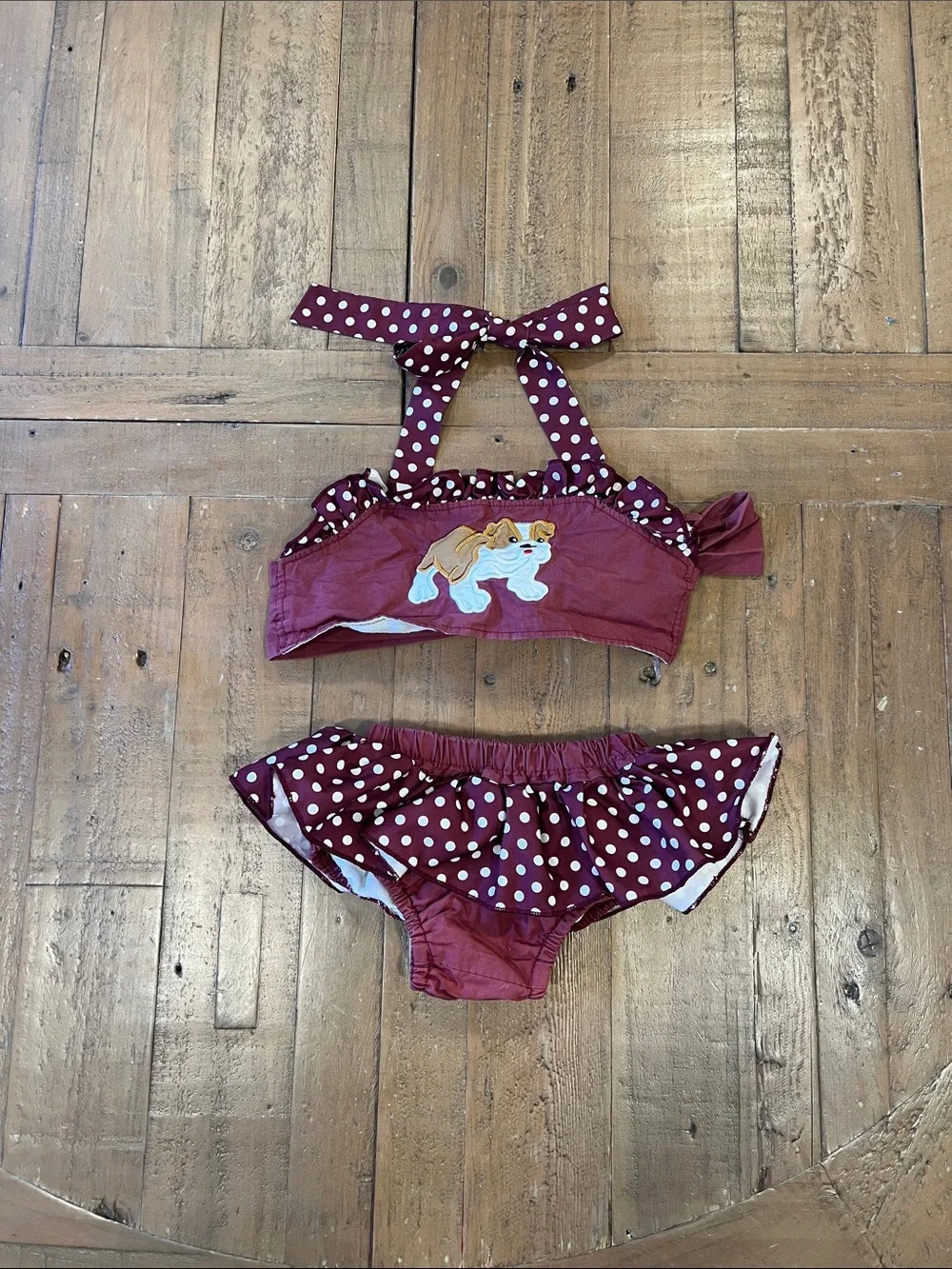 Addie Lou Blu bulldog polka dot sunsuit two piece 2T burgundy boutique