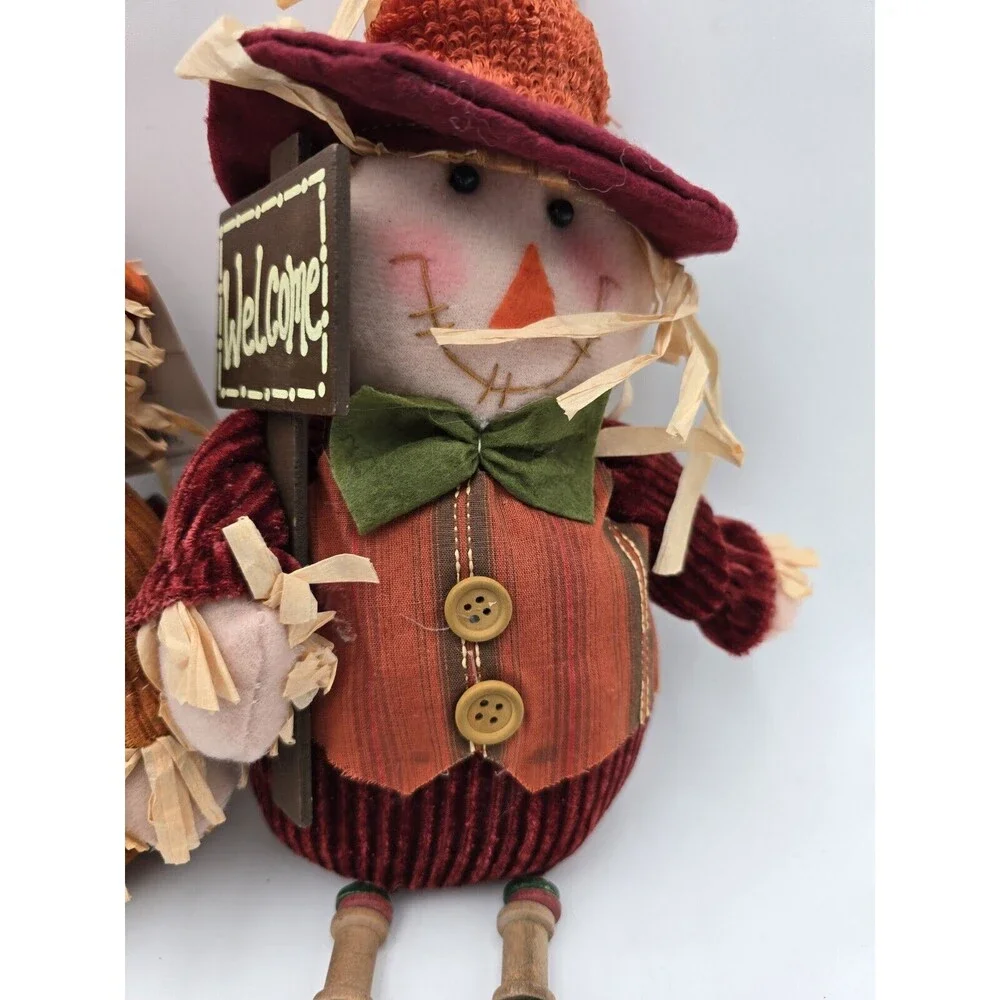 Scarecrow Couple Shelf Sitters Spool Bead Legs Welcome Sign‎ Autumn Decor 17